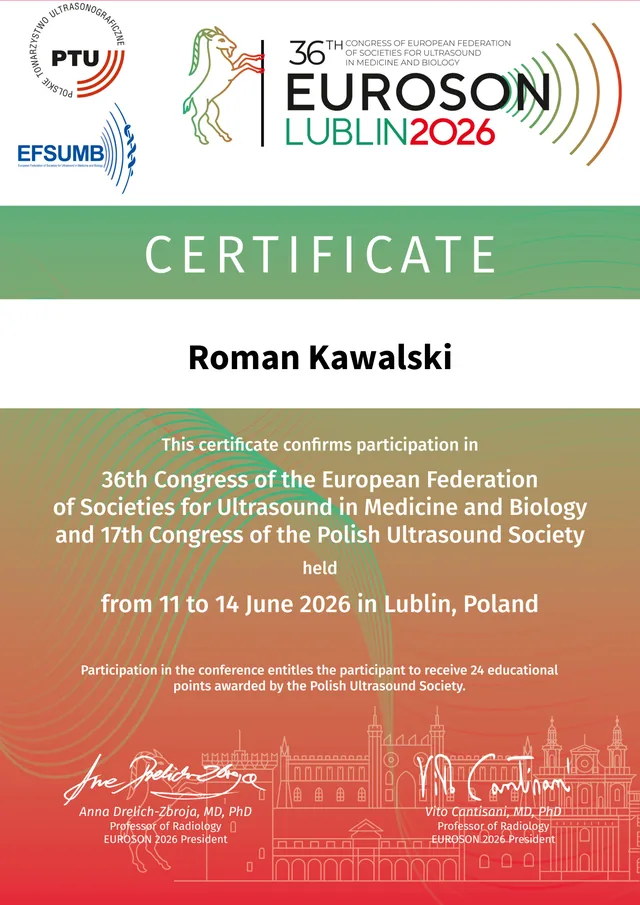 Certyfikat Romana Kawalskiego: EUROSON 2026 – 36. kongres EFSUMB i 17. kongres PTU